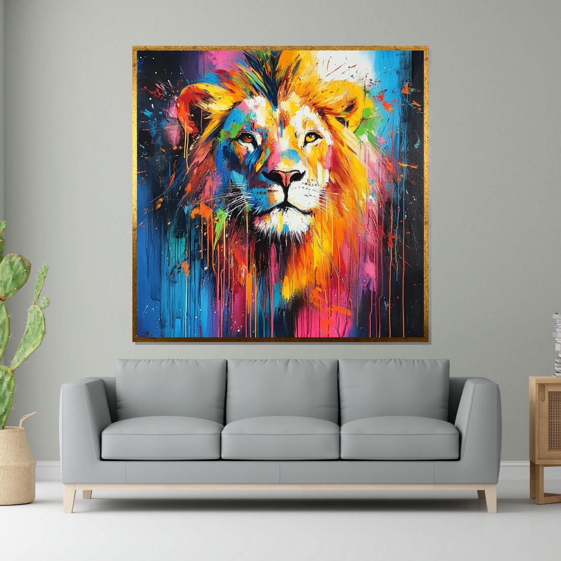 Bold Multicolor Lion Pop Art Paint Drips Vibrant Big Cat Poster