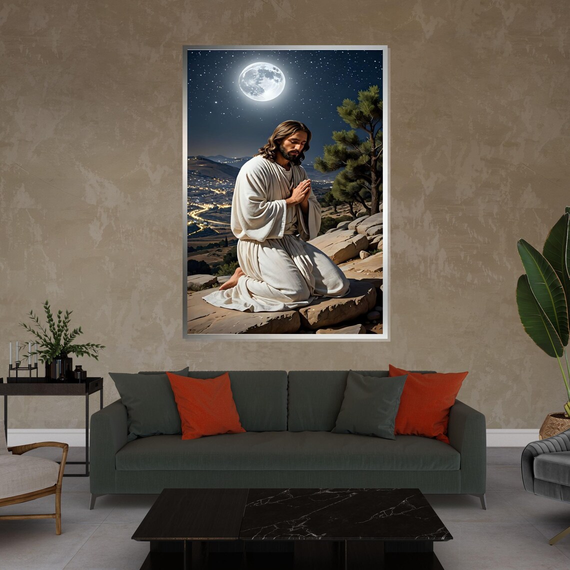 Jesus Praying Under Full Moon Night Mountain Christian Wall Art - Image 4