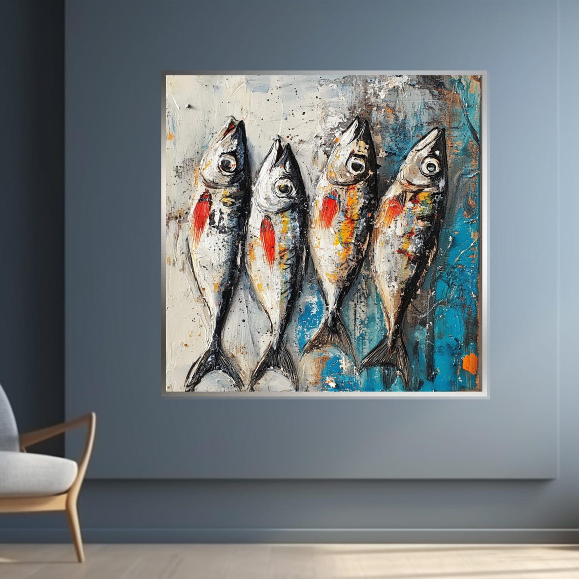 Four Fish Abstract School Blue Red Modern Coastal Art Poster - Image 4