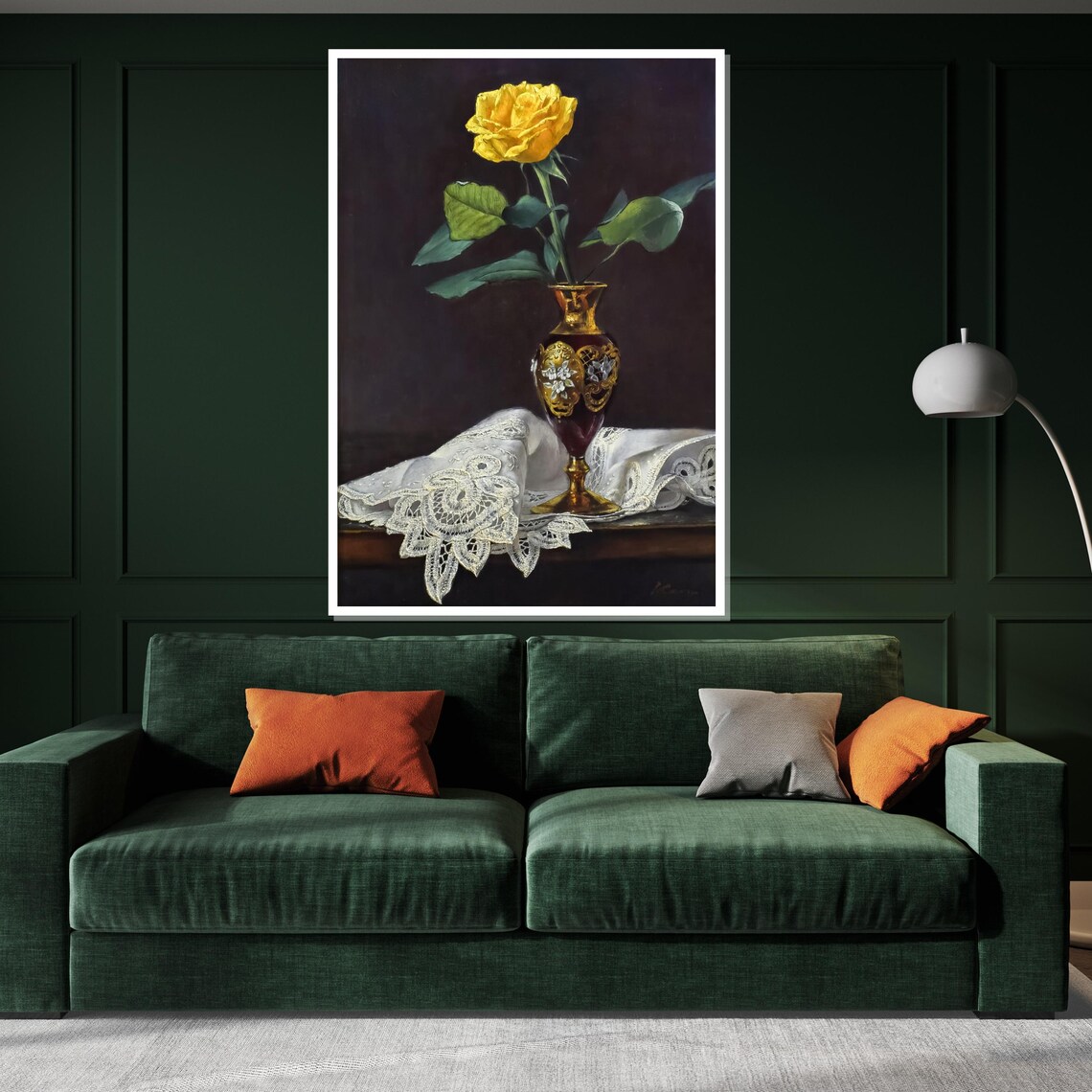Yellow Rose In Ornate Gold Vase With Lace Classic Floral Wall Art - Image 3