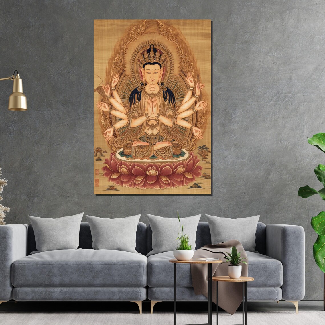 Thousand Armed Guanyin Lotus Asian Buddhist Scroll Art Poster - Image 2