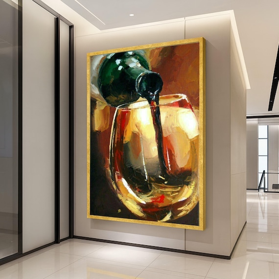 Tall Wine Bottle Pouring Red Wine into Glass Impasto Art Poster