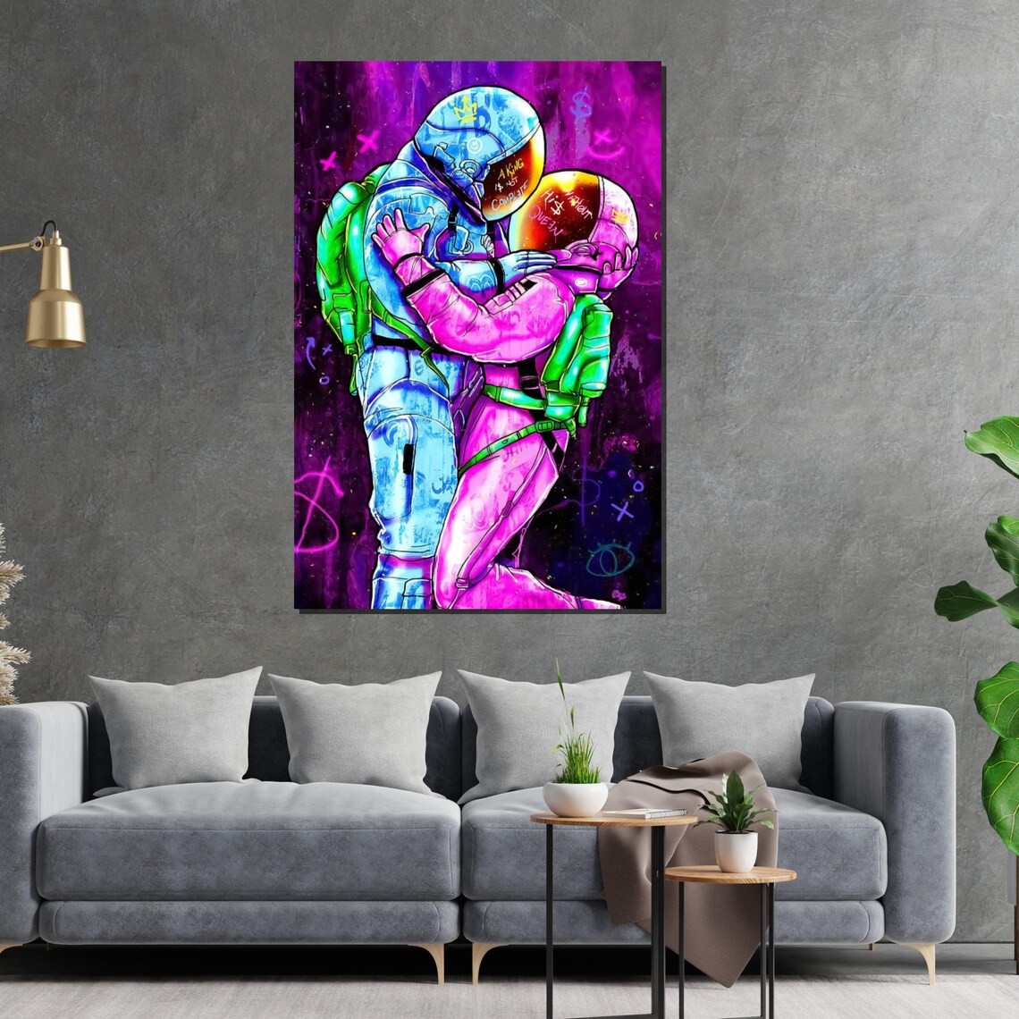Neon Astronaut Couple Embrace Cosmic Love Graffiti Style Poster - Image 2