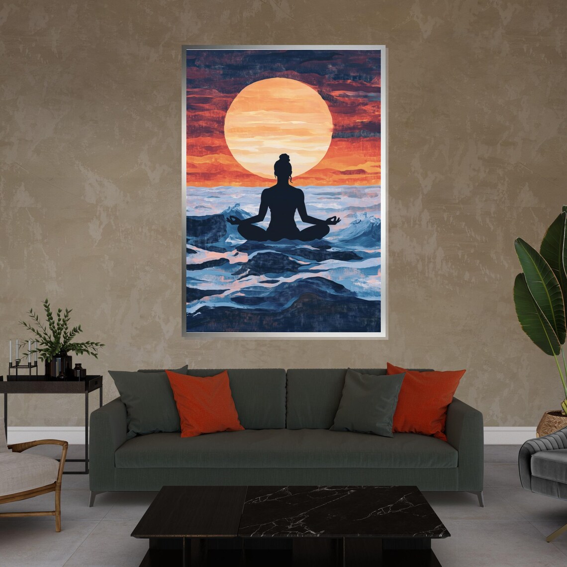 Sunset Meditation Silhouette Woman Ocean Waves Yoga Art Poster - Image 4