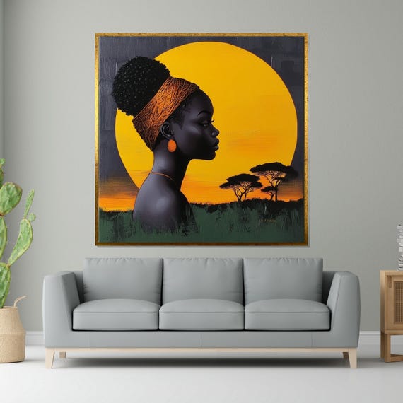 Serene Sunset Silhouette African Elegance Wall Art Ethnic Portrait Wall Decor Framed Design Ready To Hang Decoration