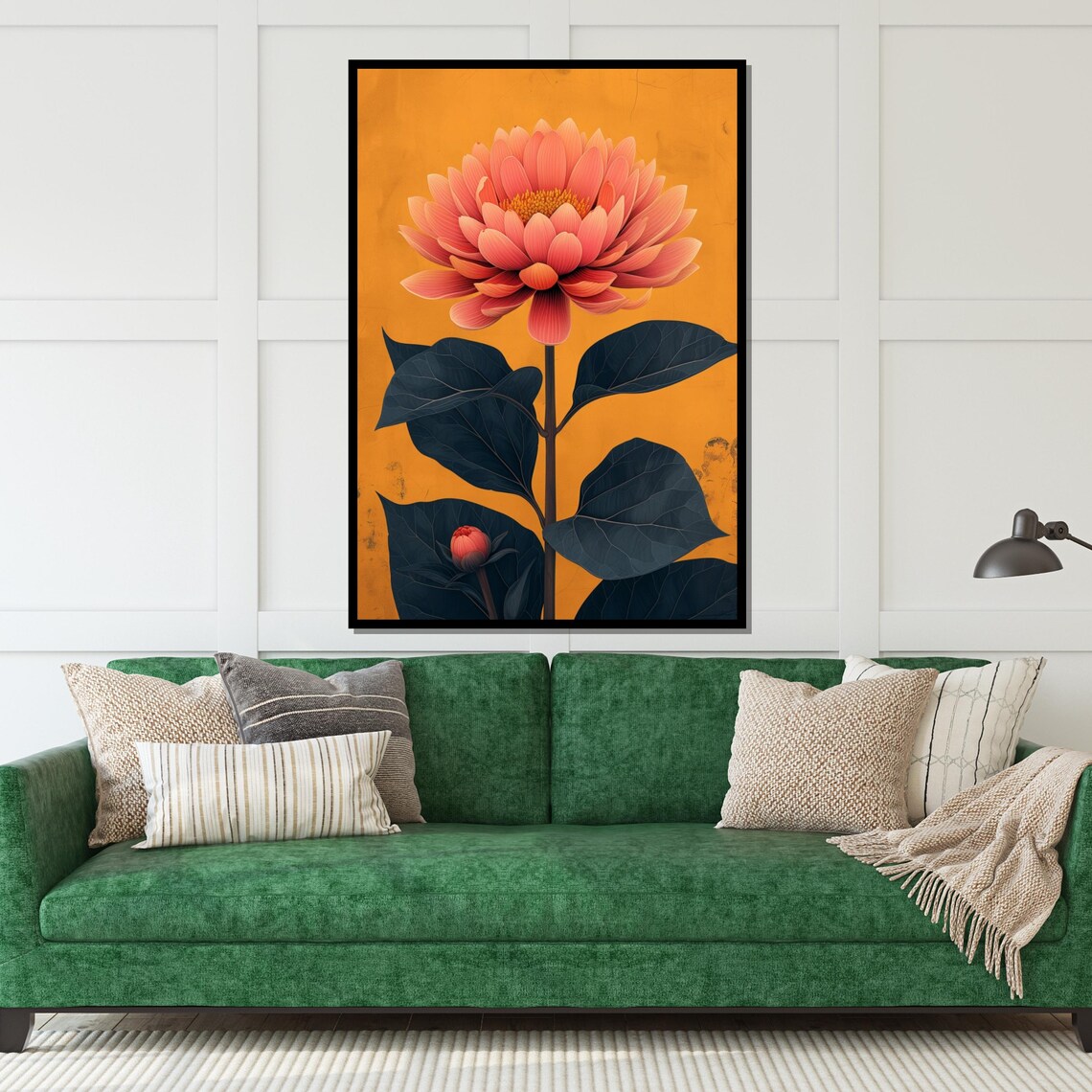 Orange Dahlia Mustard Yellow Background Bold Botanical Art Poster - Image 5