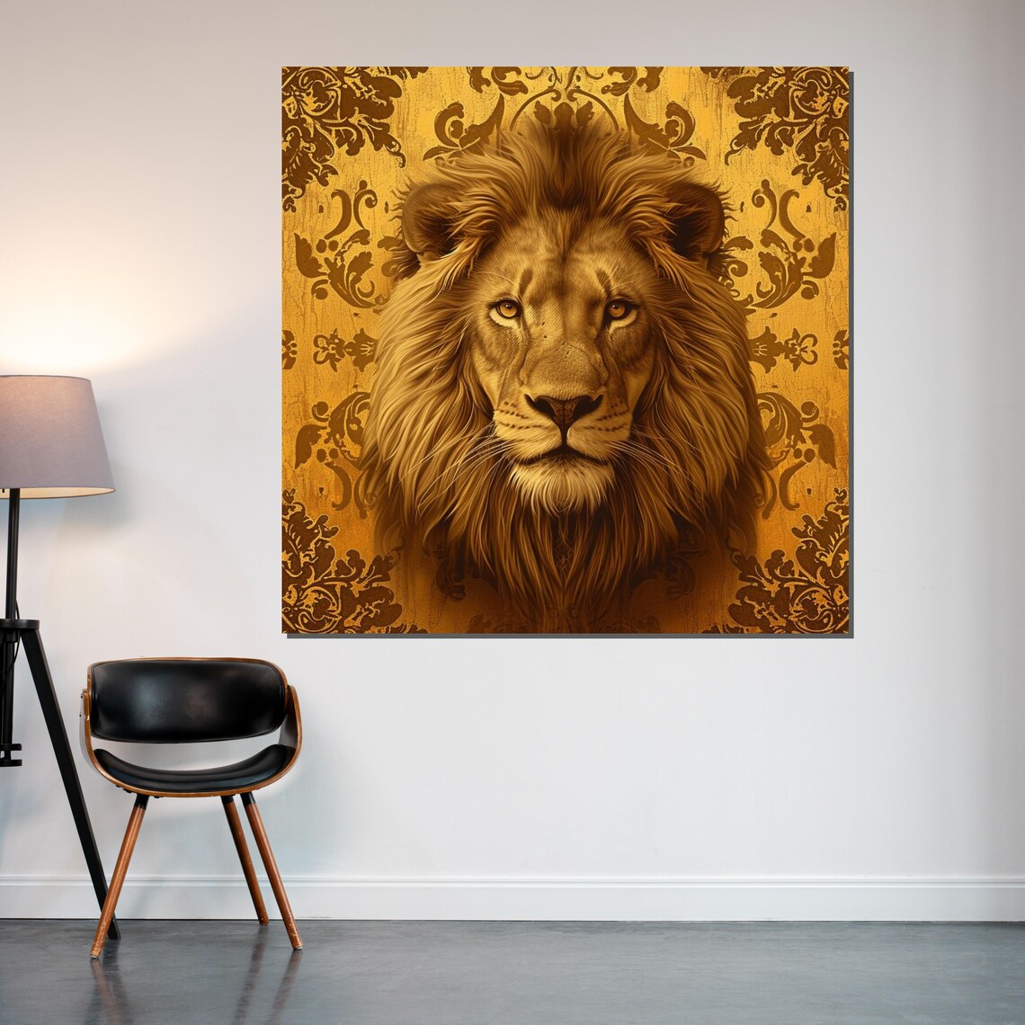 Golden Lion Portrait Ornate Damask Background Regal Art Poster - Image 2