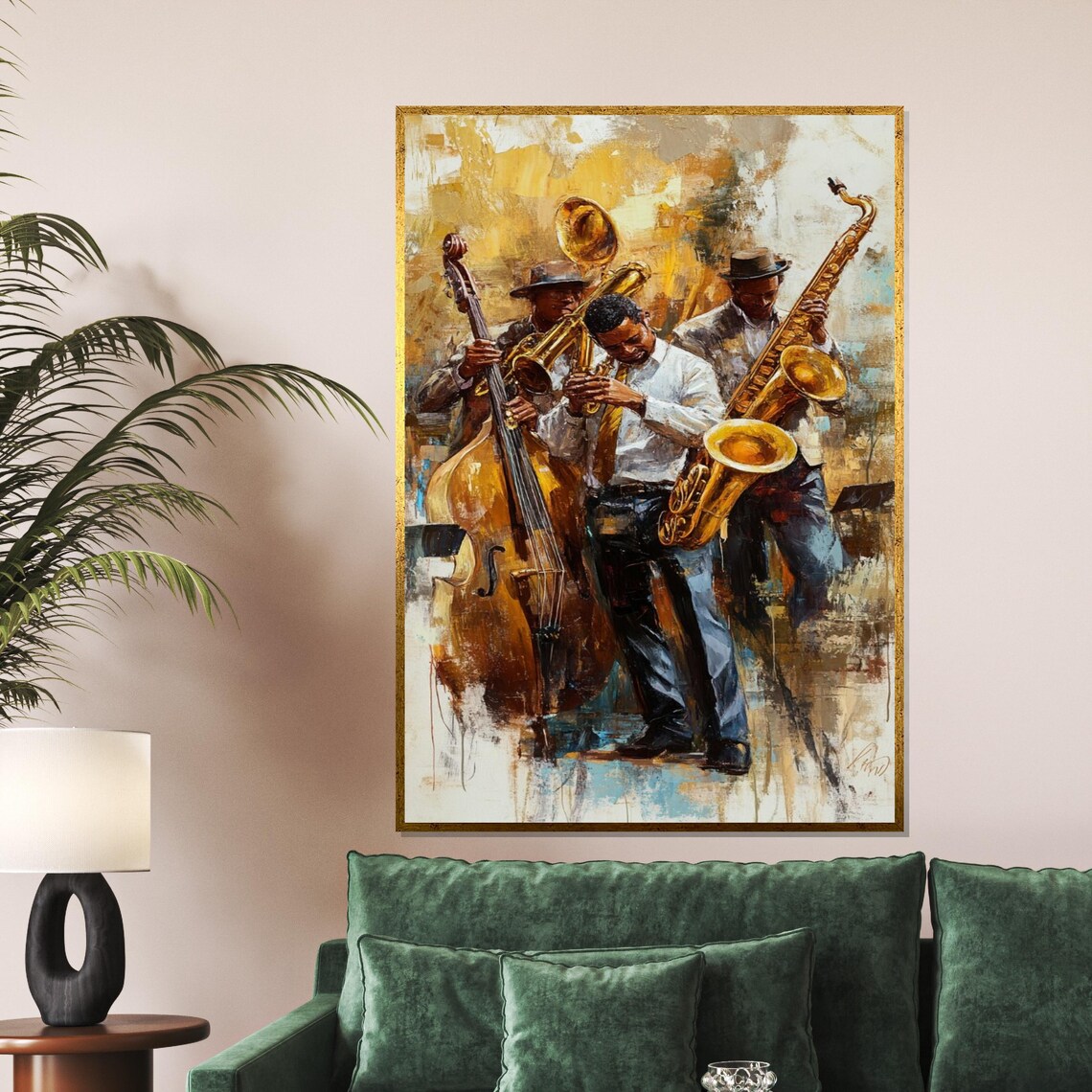 Jazz Trio Musicians Saxophone Trumpet Bass Golden Painting Poster