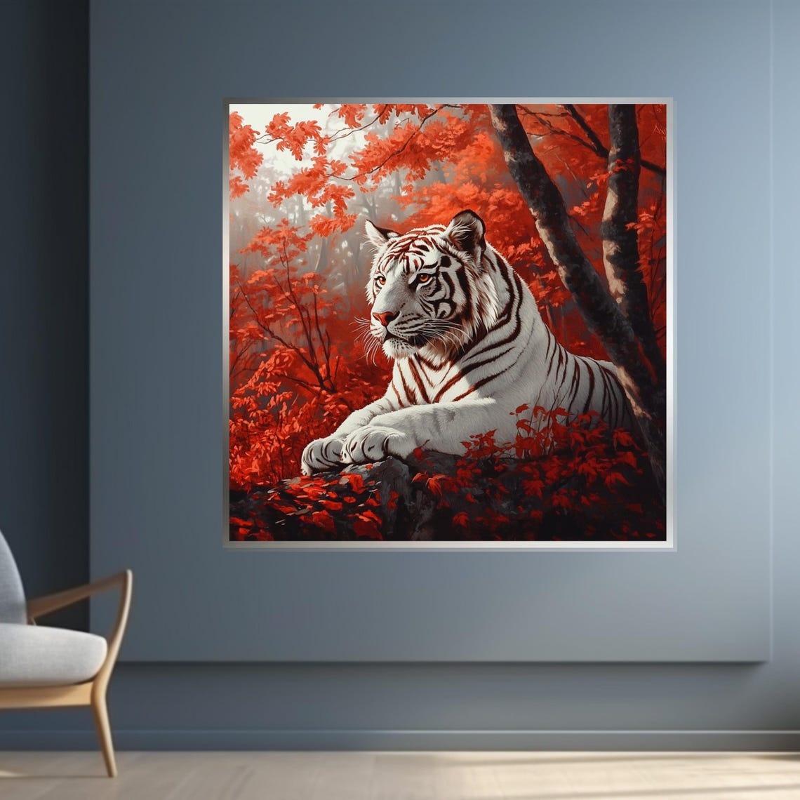 White Tiger Resting Red Autumn Forest Regal Big Cat Art Poster - Image 4