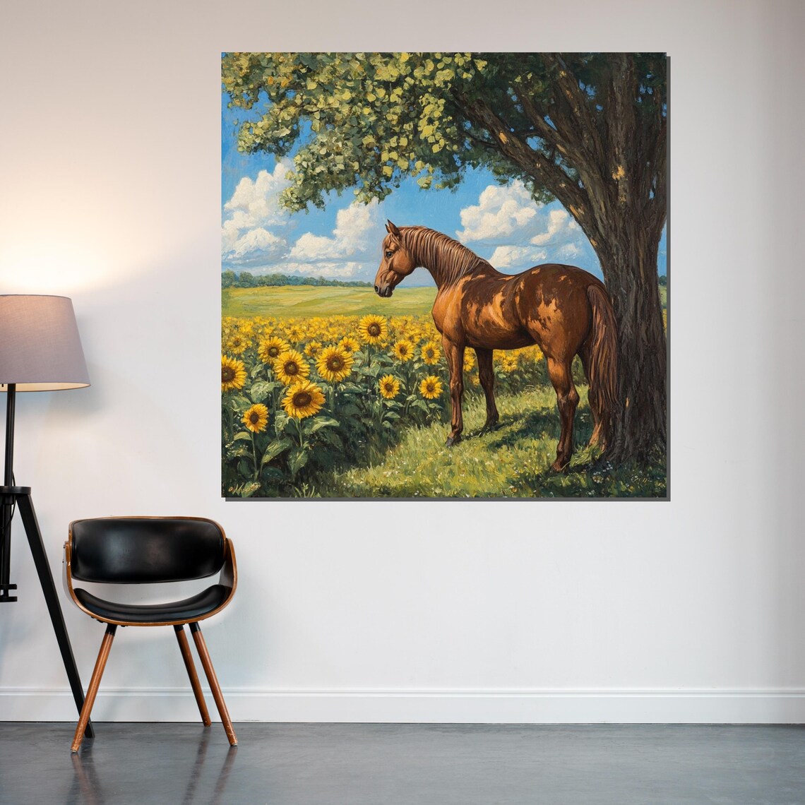 Chestnut Horse By A Tree In A Sunflower Field Pastoral Art Poster - Image 2