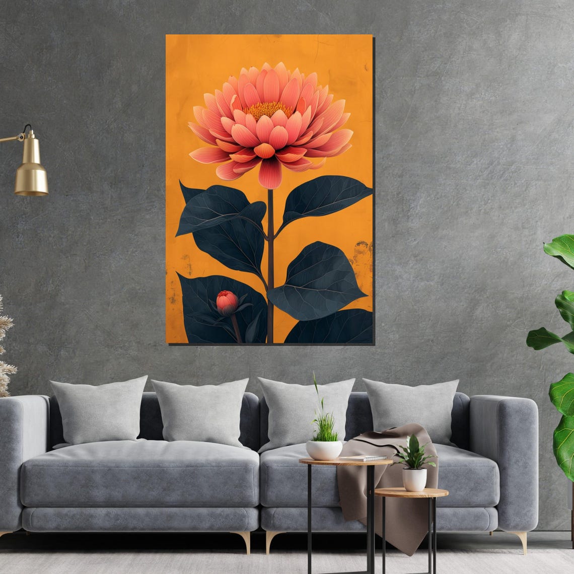 Orange Dahlia Mustard Yellow Background Bold Botanical Art Poster - Image 2