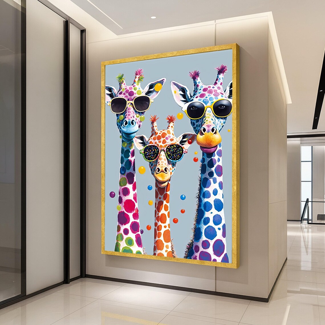 Three Colorful Giraffes With Sunglasses Polka Dot Funny Animal Poster