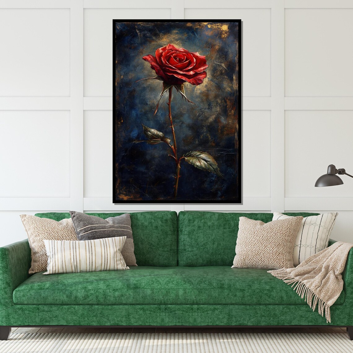 Single Red Rose Dark Moody Oil Painting Botanical Vivid Wall Art - Image 5