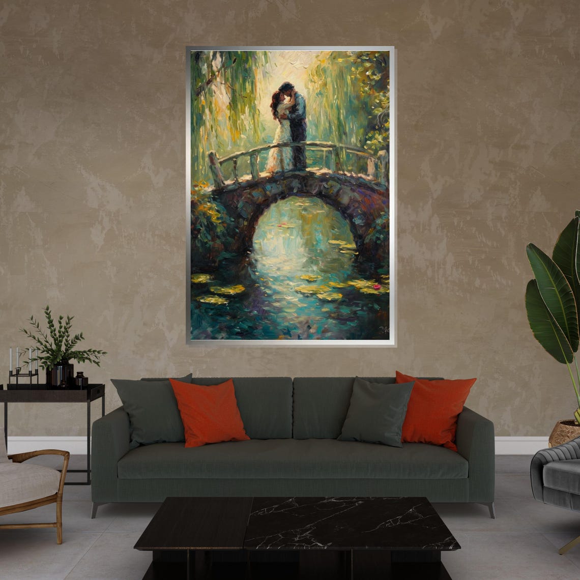 Lovers Kissing On Stone Bridge Over Lily Pond Impressionist Art Poster - Image 4