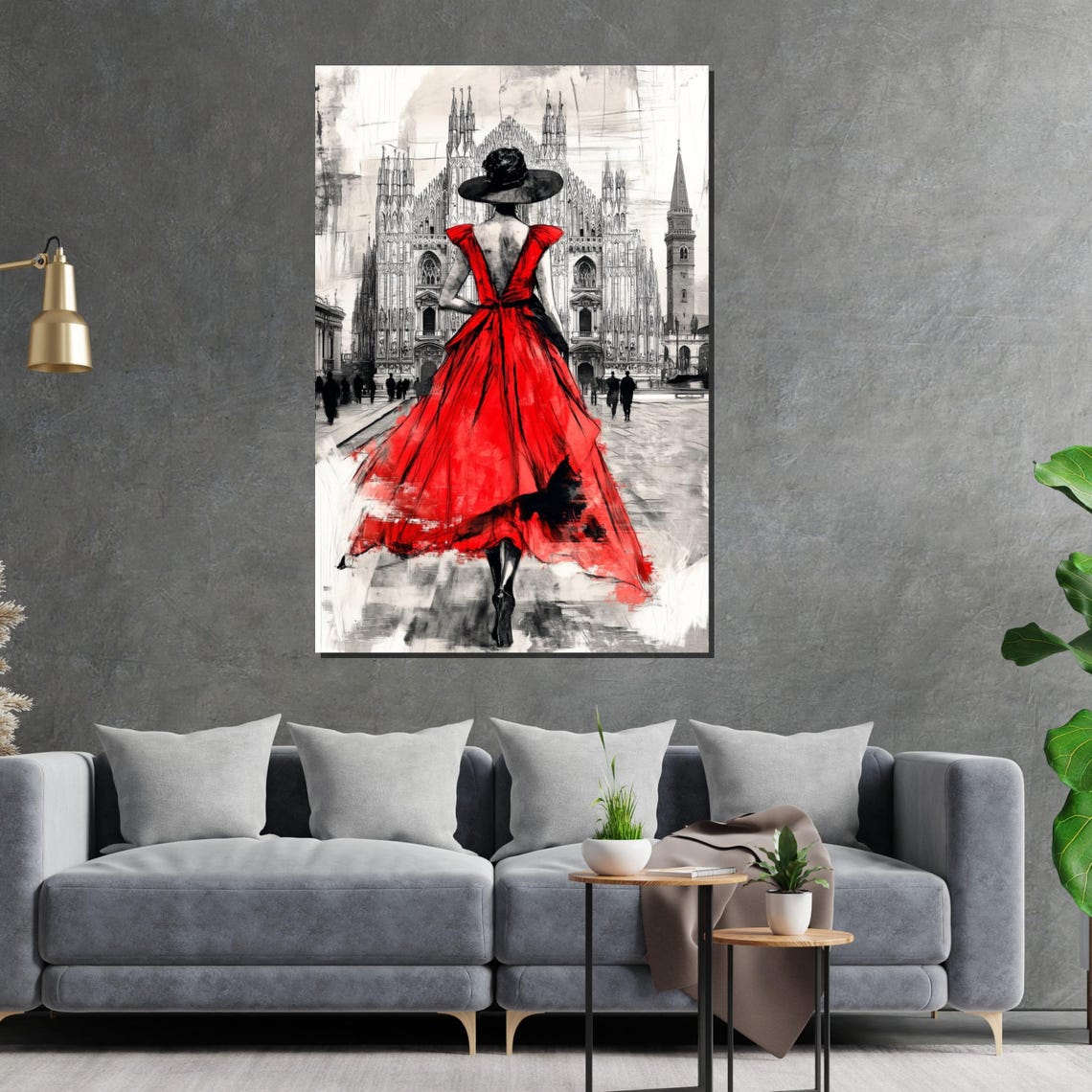 Elegant Red Dress Urban Fashion Art Lady In Red Wall Art Cityscape Poster Wall Art Design Ready To Hang Decoration