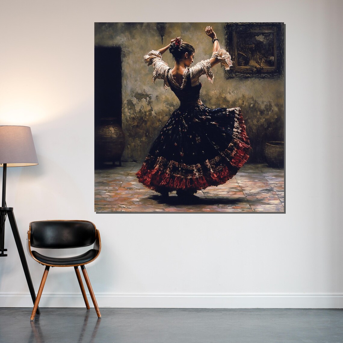 Flamenco Dancer Swirling Traditional Spanish Dress Dark Room Poster - Image 2