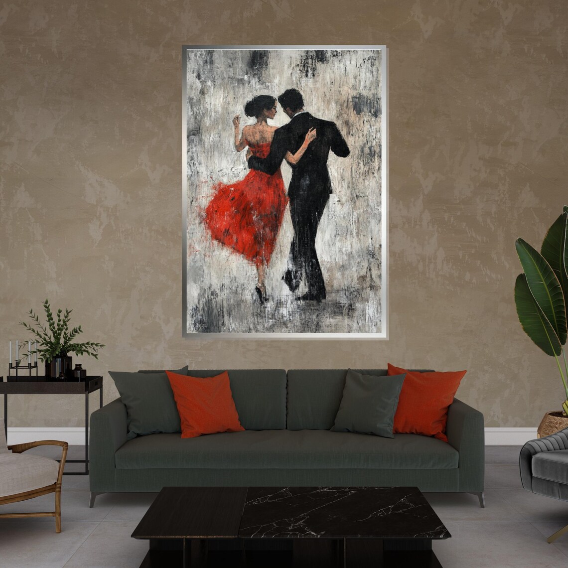 Tango Couple Dancing from Behind Red Dress Monochrome Art Poster - Image 4