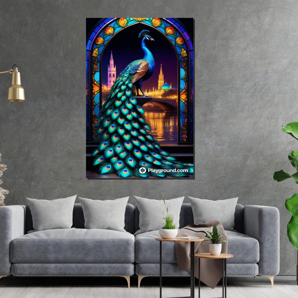 Peacock in Stained Glass Arch Night City Lights Bird Decor Poster - Image 2