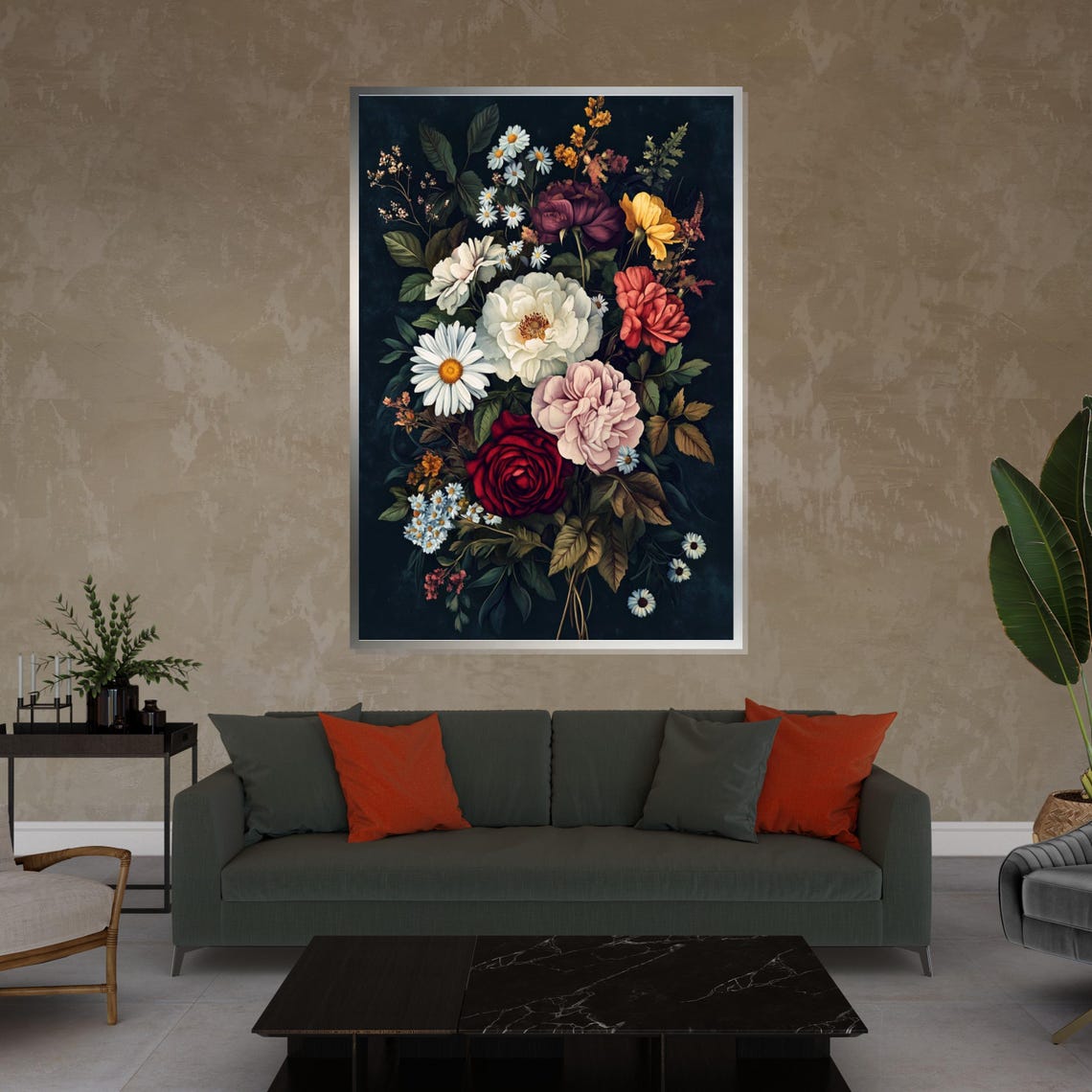 Moody Dark Floral Bouquet Black Background Elegant Art Poster - Image 4