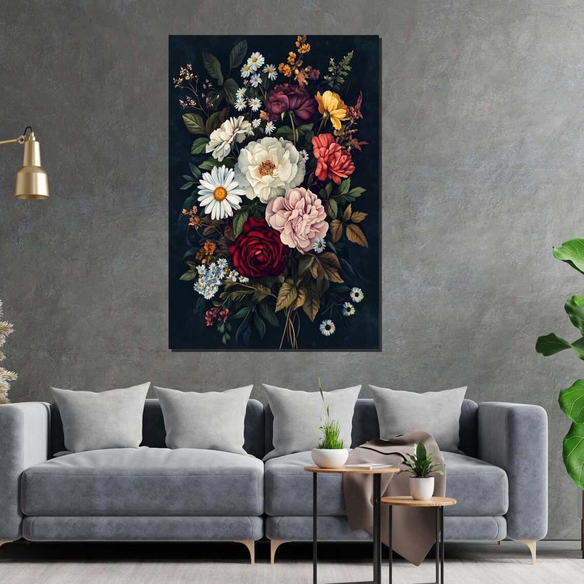 Moody Dark Floral Bouquet Black Background Elegant Art Poster - Image 2