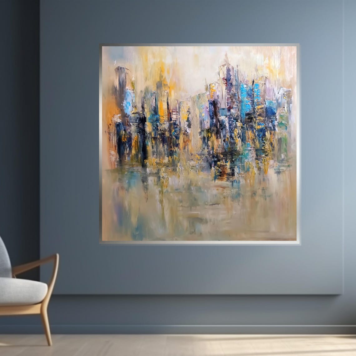 Soft Abstract Cityscape Water Reflection Muted Blue Beige Print - Image 4