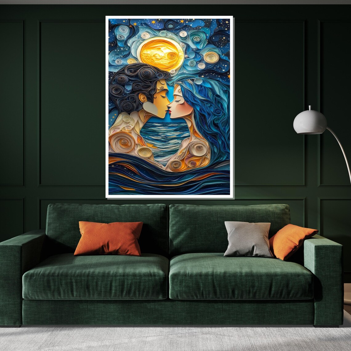 Beautiful Quilled Paper Lovers Kissing Under Moon Night Art Poster - Image 3