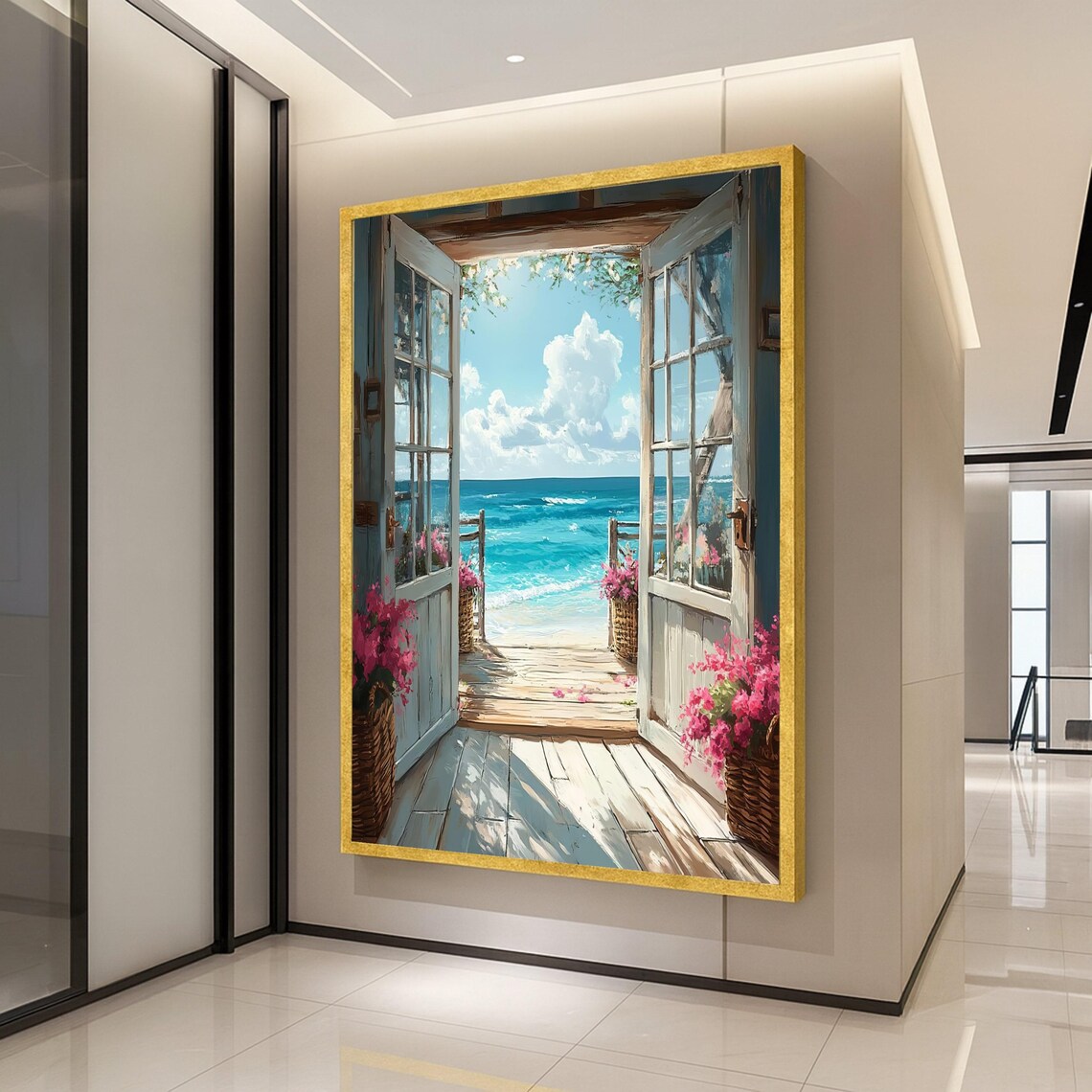 Open Beachfront Doorway, Coastal Ocean Landscape Art Print