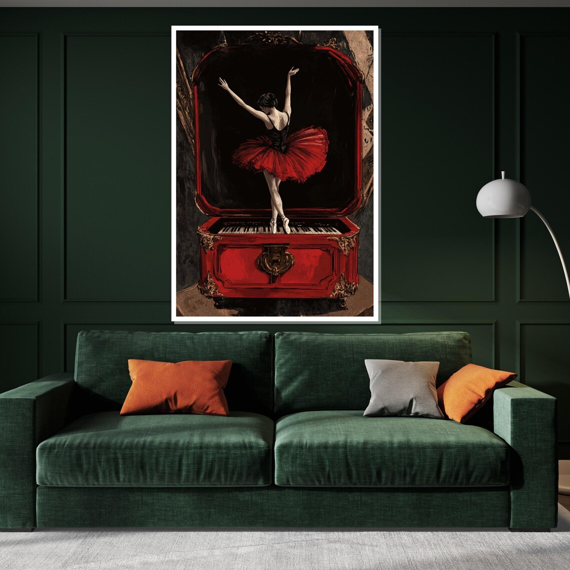 Red Tutu Ballerina Emerging from a Vintage Music Box Art Poster - Image 3