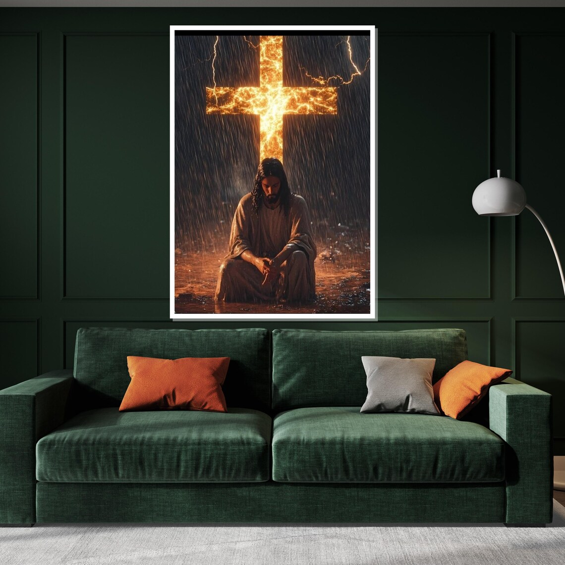 Jesus Kneeling Before Fiery Cross In Rain Christian Faith Wall Art - Image 3
