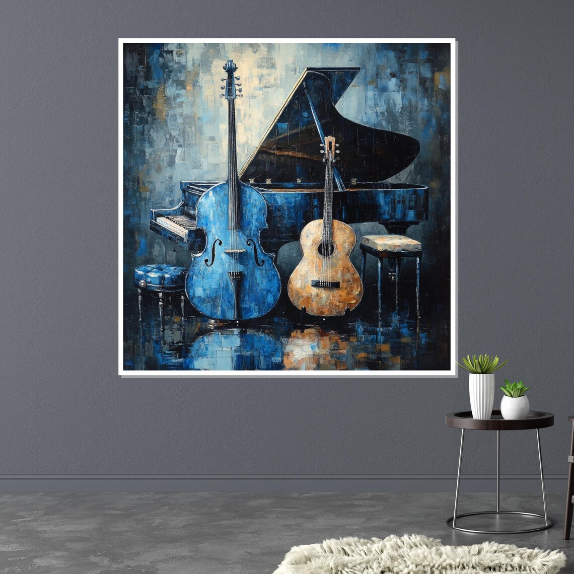 Musical Harmony Blue Cello, Acoustic Guitar, Piano Art Print - Image 3