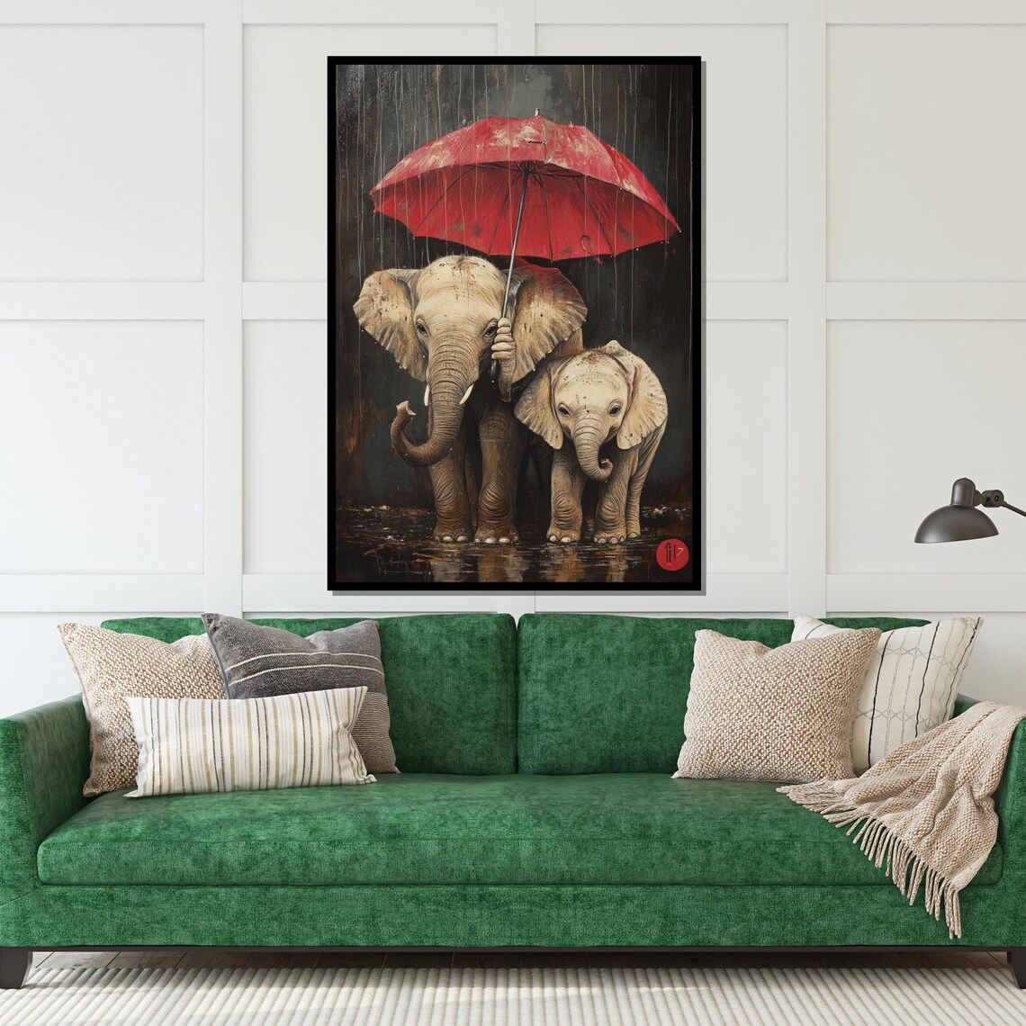 Mother and Baby Elephant with Red Umbrella Rainy Day Art Poster - Image 5