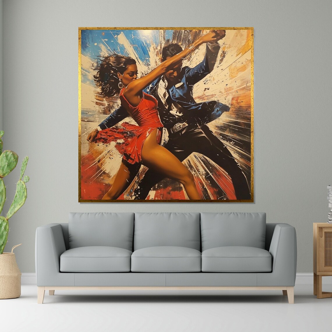 Vibrant Latin Dance Couple in Red Dress Explosive Color Art Poster