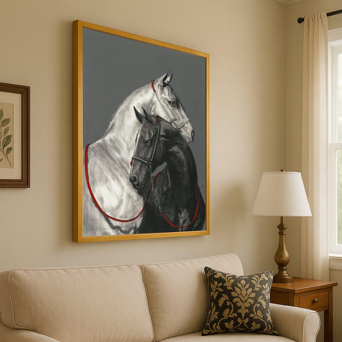 Black and White Horses Pair Elegant Equine Equestrian Canvas Poster