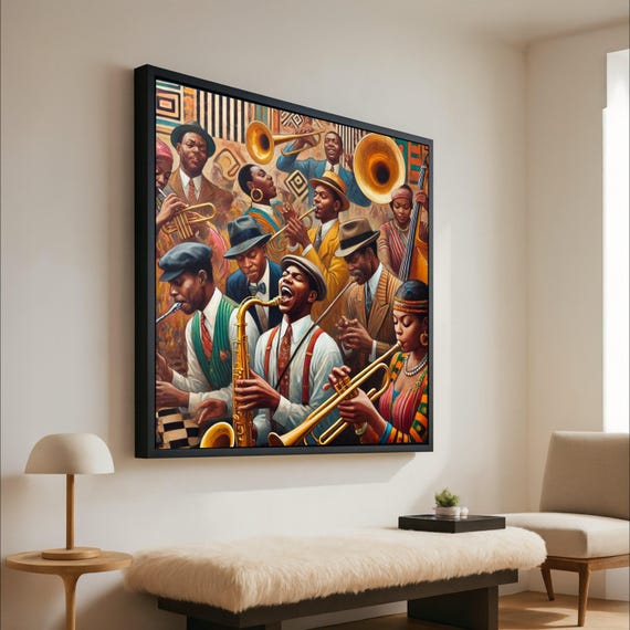Vibrant Jazz Band Canvas Art Vintage Music Scene Saxophone And Trumpet Wall Decor Retro African Musicians Ready To Hang