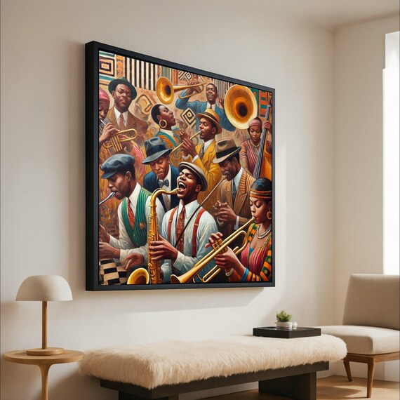 Vibrant Jazz Band Saxophone Trumpet Retro Musicians Art Poster