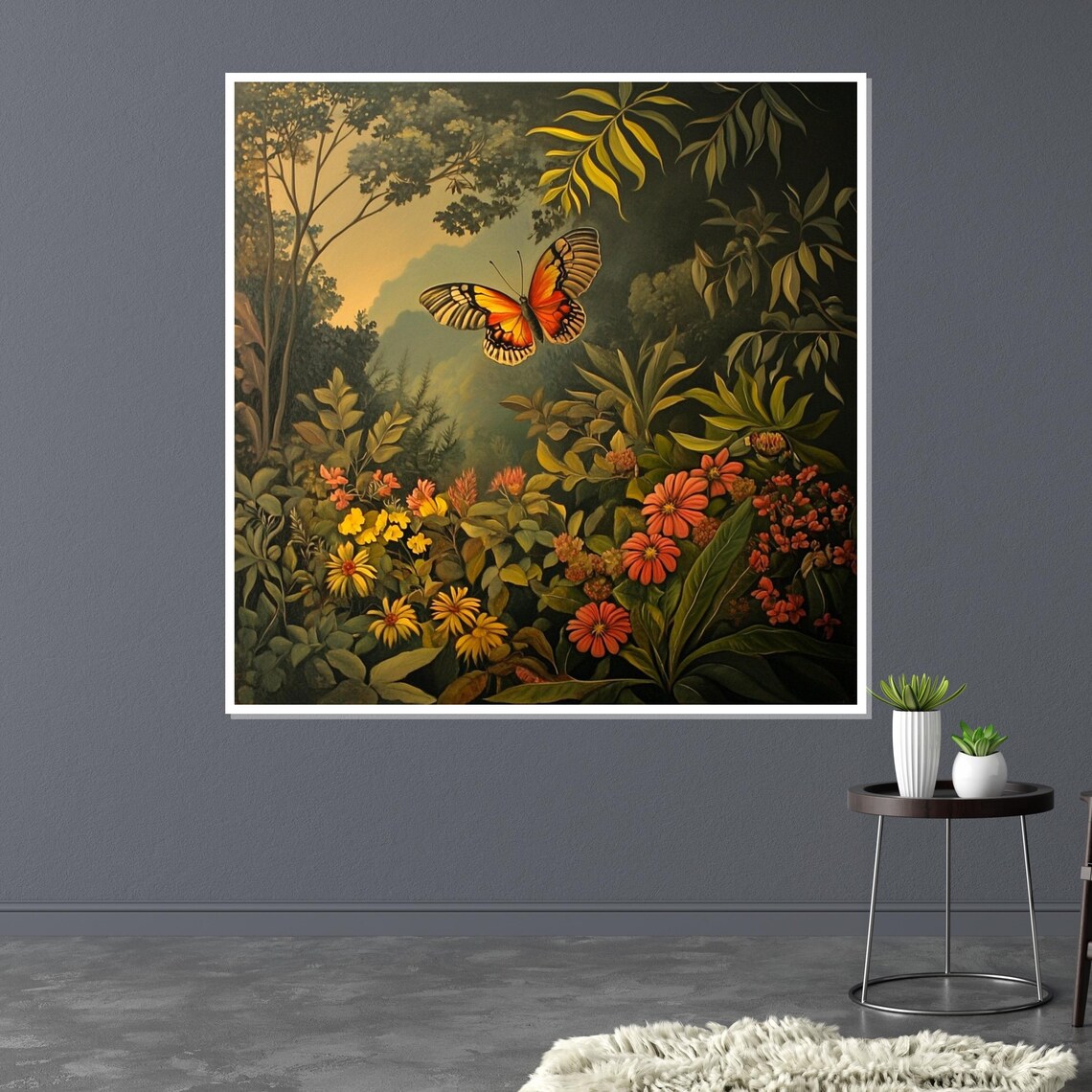 Orange Butterfly Flower Field Lush Garden Summer Nature Art Poster - Image 3