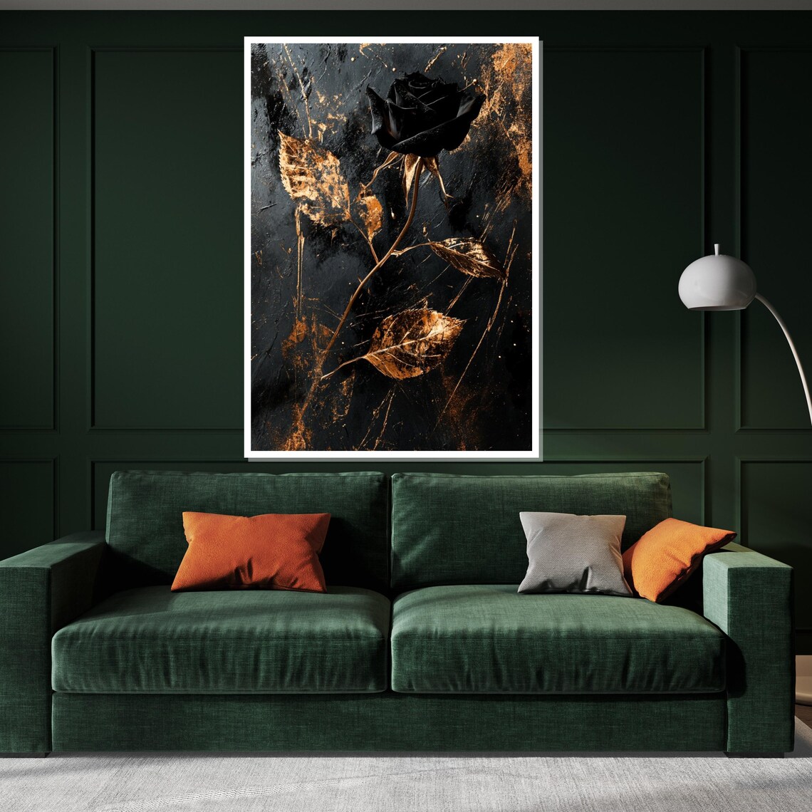 Black Rose Golden Leaves Dark Moody Dramatic Floral Art Poster - Image 3