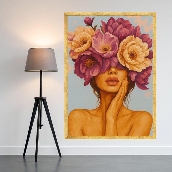 Abstract Woman With Floral Crown Canvas Feminine Portrait Wall Art Modern Flower Headpiece Painting Contemporary Ready To Hang