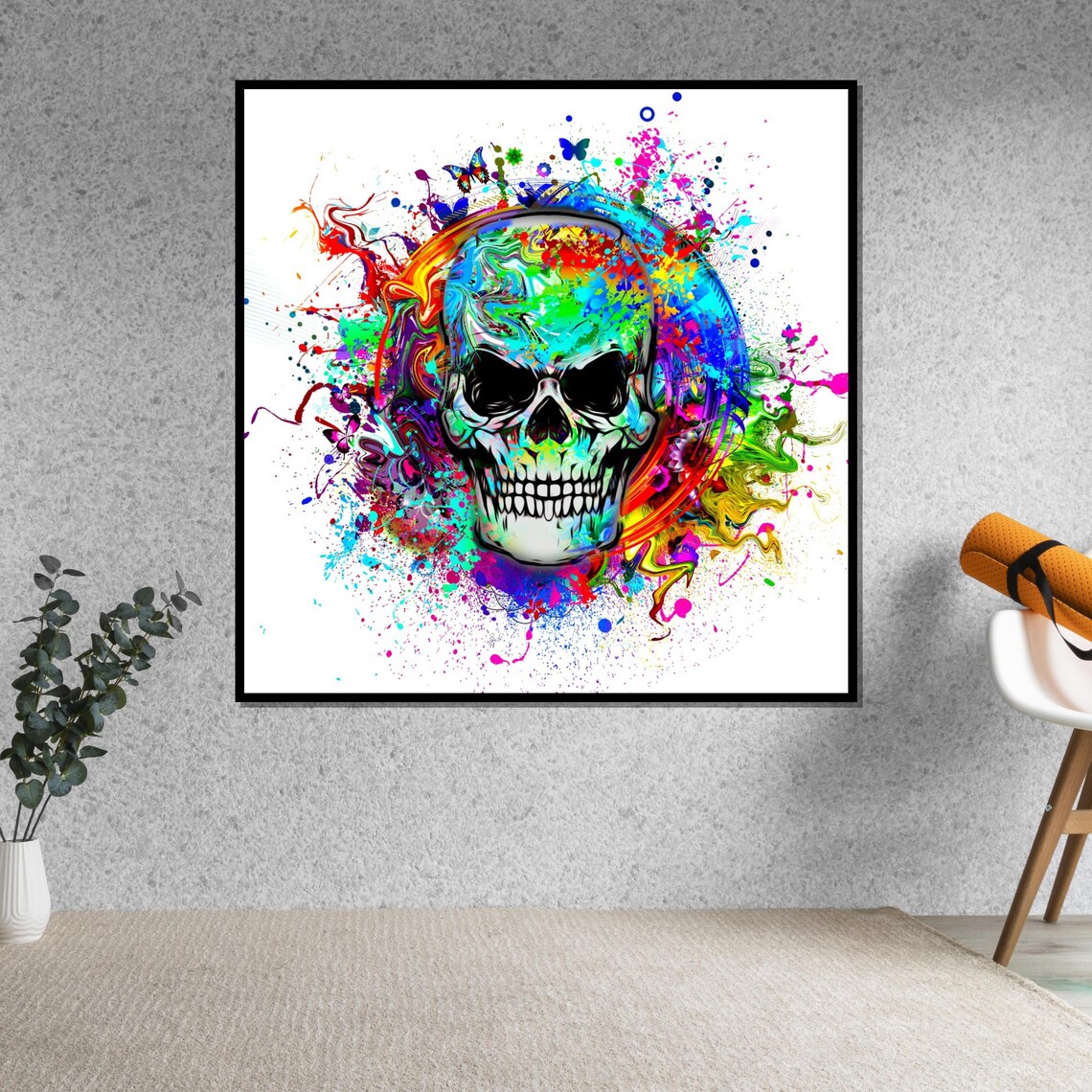 Colorful Paint Splash Skull Butterflies Neon Punk Pop Poster - Image 5