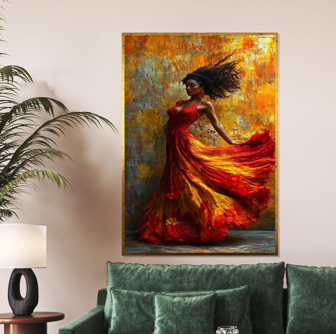 Fiery Flamenco Dancer in Flowing Red Orange Dress Golden Art Poster