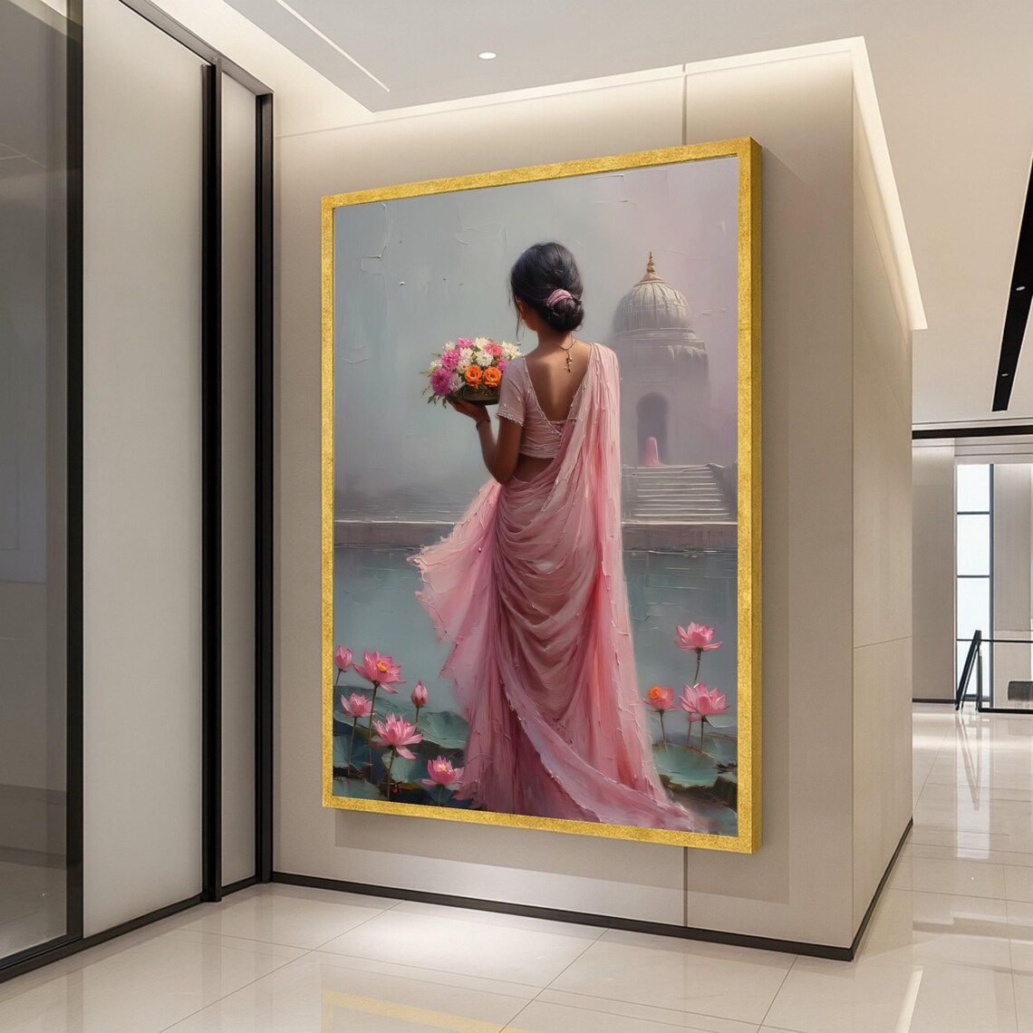 Serene Woman Flowing Pink Saree Lotus Flowers Ethnic Temple Art Poster