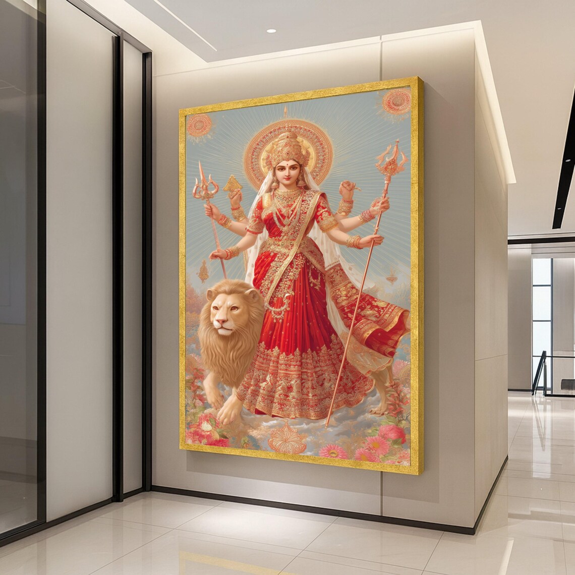 Goddess Durga With Lion Red Sari Hindu Divine Devotional Poster