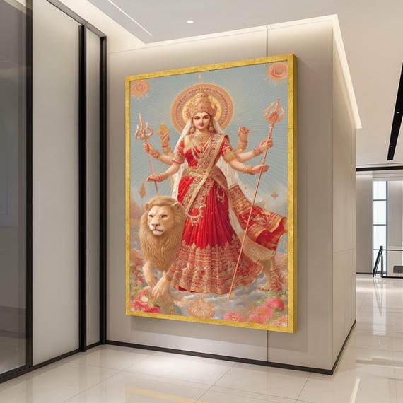 Goddess Durga Canvas Print Hindu Wall Art With Lion Spiritual Decoration Religious Decor Ready To Hang