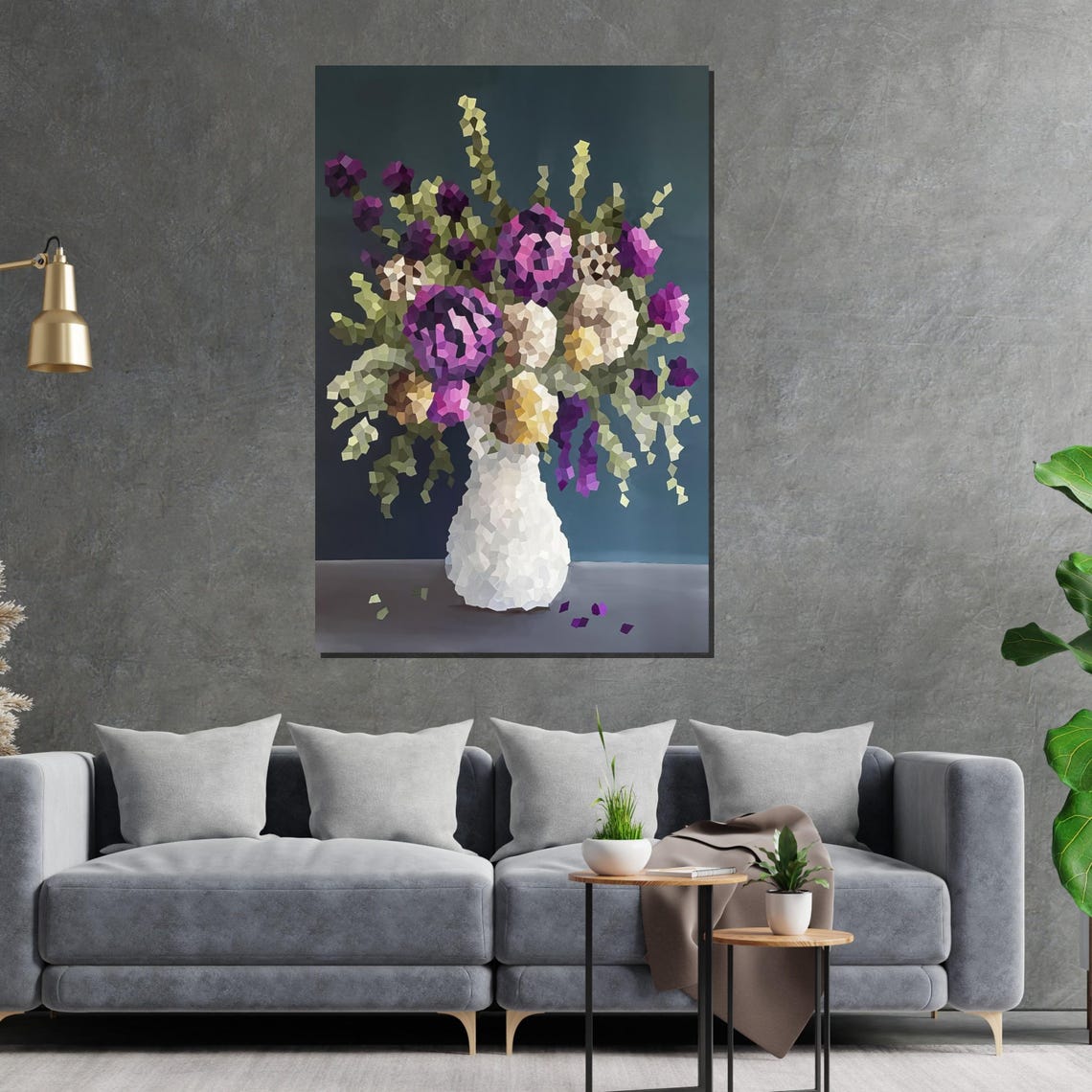 Abstract Mosaic Flower Bouquet White Vase Modern Floral Wall Art - Image 2