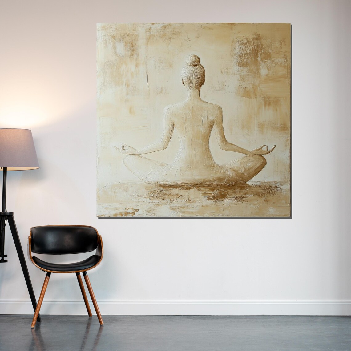 Serene Meditating Woman Back View Cream Textured Modern Art Poster - Image 2