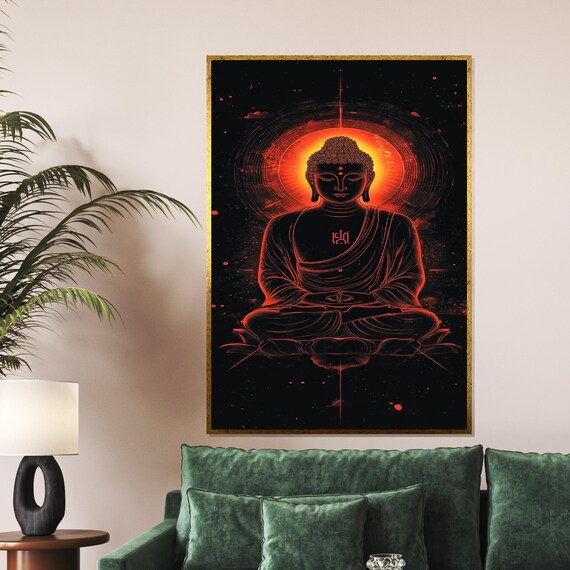 Neon Red Buddha Glowing Mandala Dark Black Background Art Poster