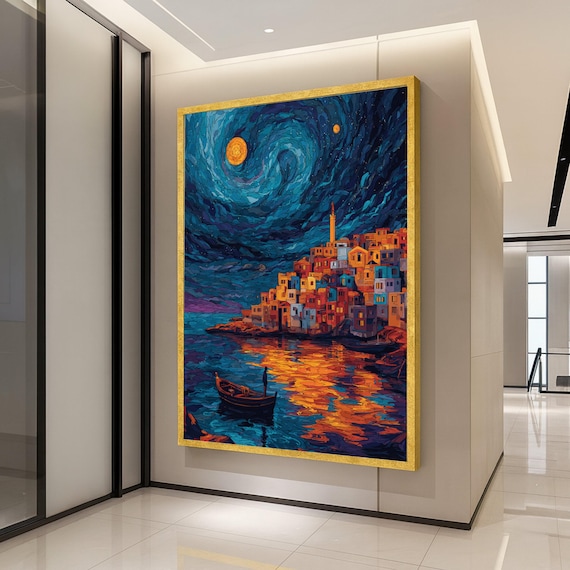Starry Night Village Coastal Town Canvas Wall Art Moonlit Reflection Painting Colorful Houses By Water Nautical Home Ready To Hang