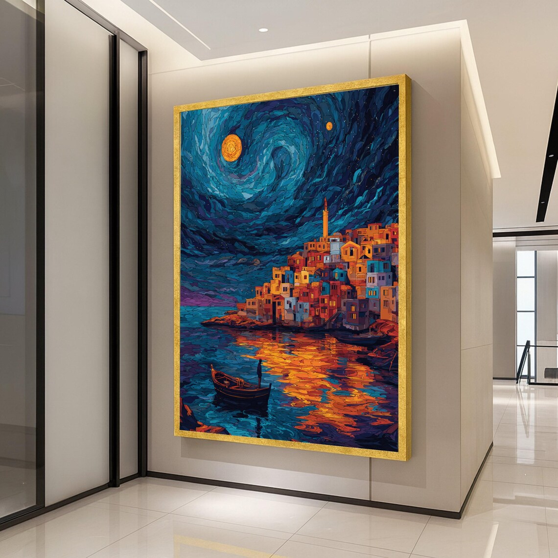 Starry Night Seaside Village Moonlit Harbor Oil Painting Poster