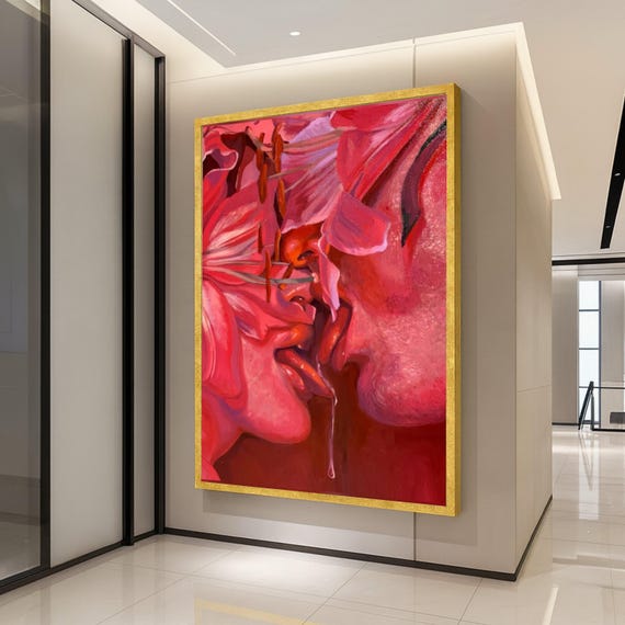 Sensual Red Floral Kiss Canvas Intimate Love Art Abstract Romance Painting Modern Wall Decor Passionate Expression Ready To Hang
