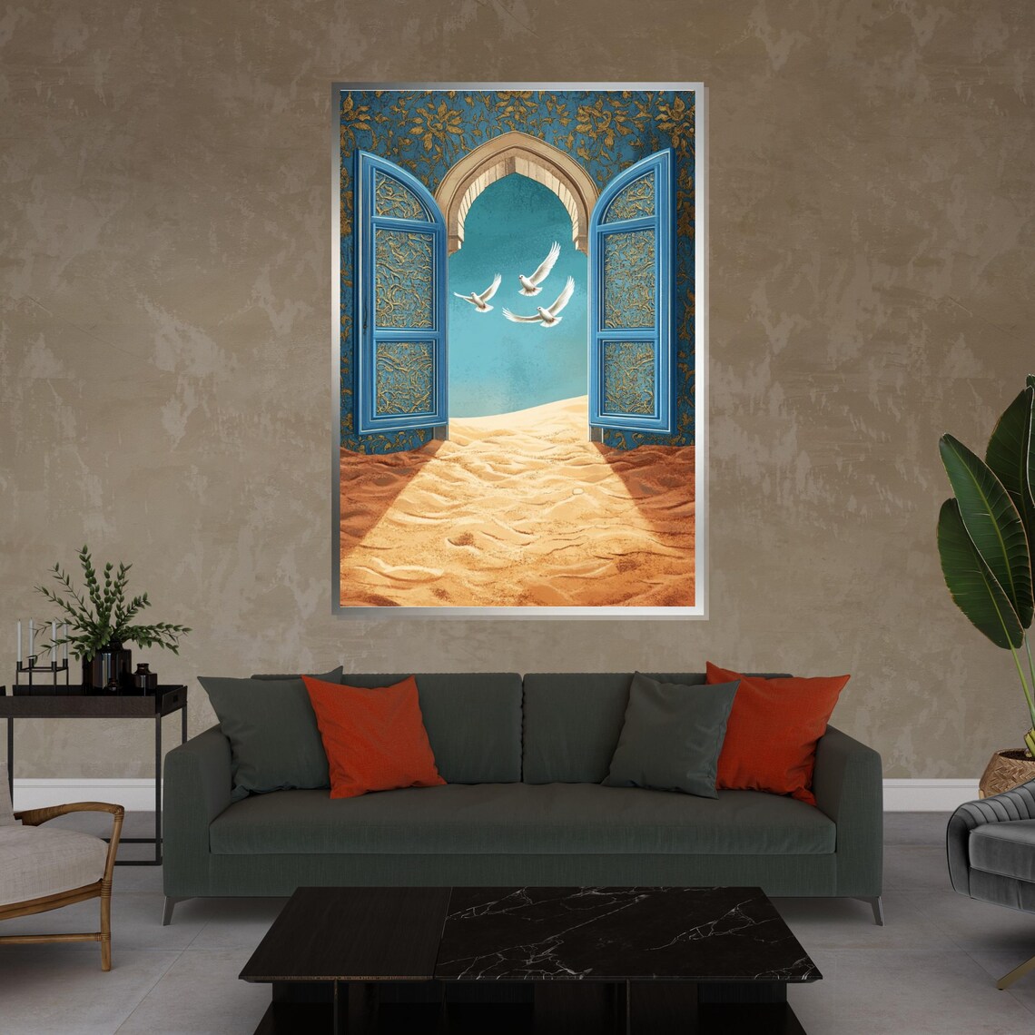 Blue Moroccan Doorway Doves Flying Desert Sand Dreamy Art Poster - Image 4